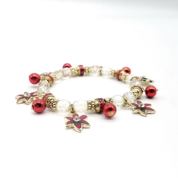 💜 3/$25 💜 Kenneth Cole Bracelet Christmas Poinsettia Stretch Enameled Charms - Picture 3 of 8